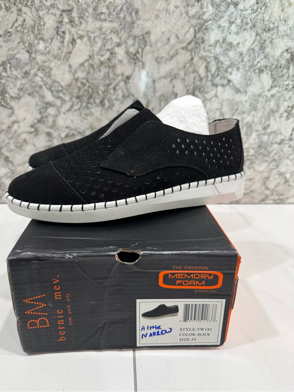 bernie mev. Black Perforated Slip-On Loafer with White Sole